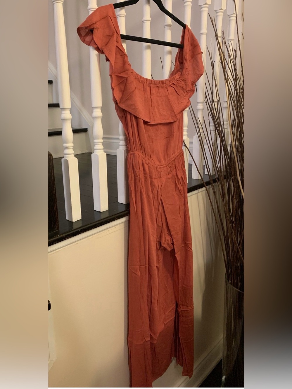 Rust Orange Ruffle Off-Shoulder Romper Dress